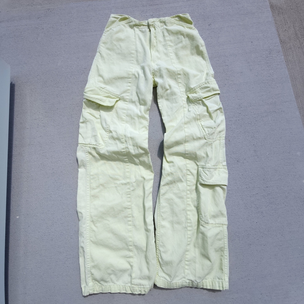 Zara Women's High Rise Pockets Cargo Pants  Light Lime 100% Cotton Size 0